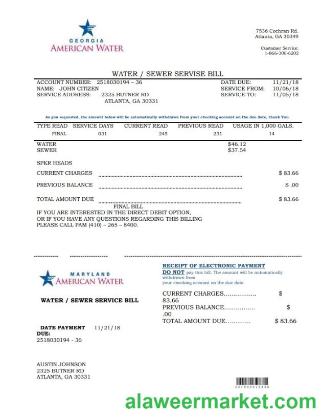 USA Maryland Georgia Water utility bill template in Word and PDF format (.doc and .pdf)